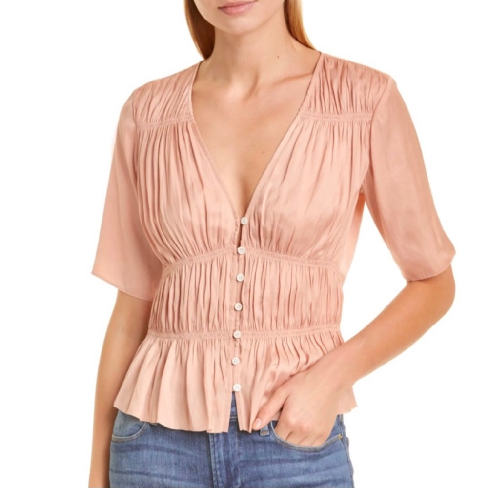 Frame Pink Shirred V-neck Blouse
